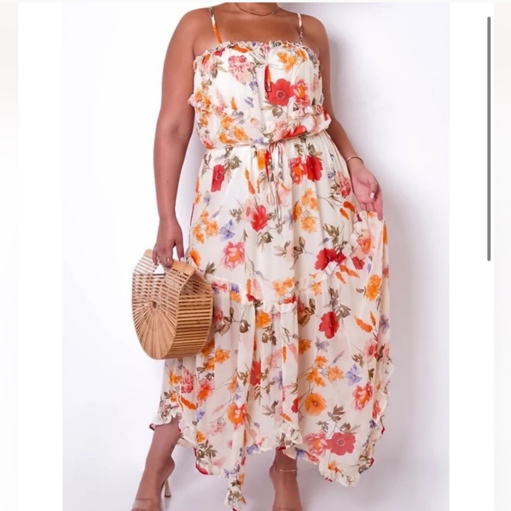 Floral Cream Maxi Dress with Orange & Red Blooms